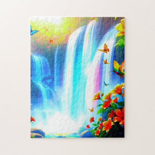 Rainbow Waterfall with Bird and Butterflies Jigsaw Puzzle
