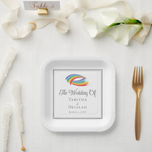 Rainbow Waves Chic LGBT Wedding Square Paper Plate