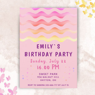 Rainbow Waves Girl Pink Birthday Party Invitation