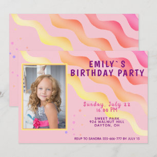 Rainbow Waves Stars Pink Girl Photo Birthday Party Invitation