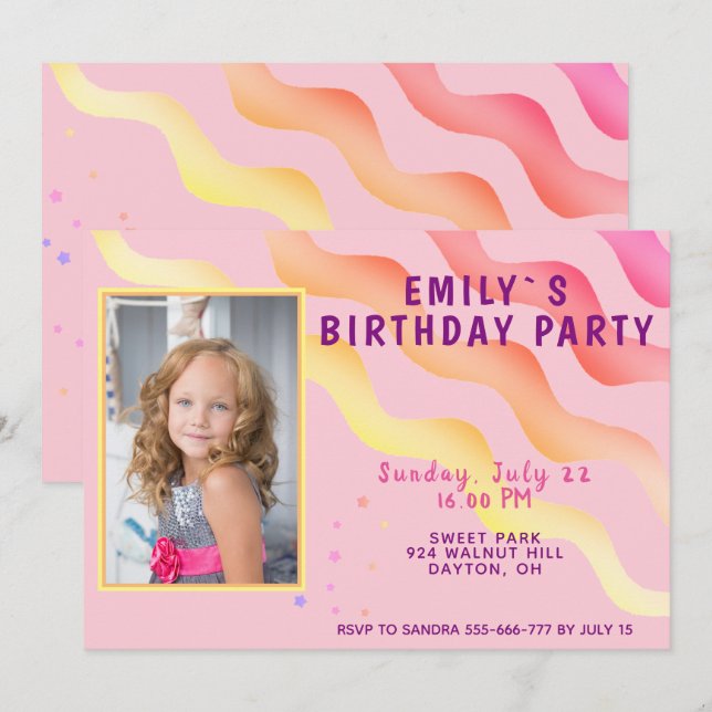 Rainbow Waves Stars Pink Girl Photo Birthday Party Invitation (Front/Back)