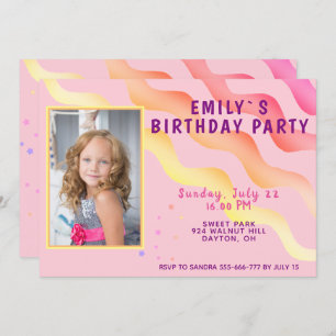 Rainbow Waves Stars Pink Girl Photo Birthday Party Invitation