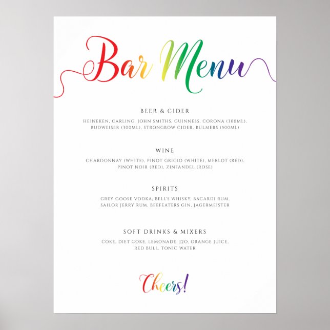 Rainbow Wedding Bar Menu Poster (Front)