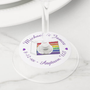 Rainbow Wedding Cake Slice LGBT Gay Pride Wine Glass Tag