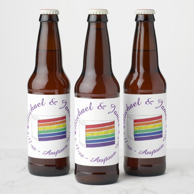 Rainbow Wedding Cake Slice Purple Heart LGBT Gay Beer Bottle Label (Bottles)