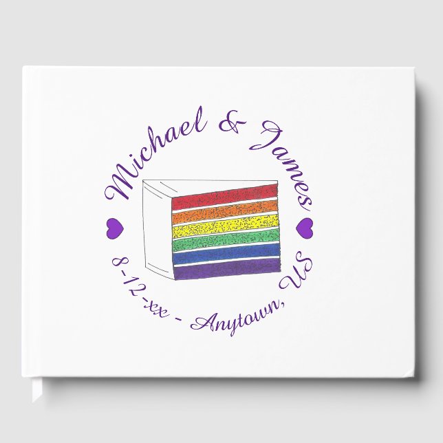 Rainbow Wedding Cake Slice Purple Heart LGBT Gay Guest Book (Front)