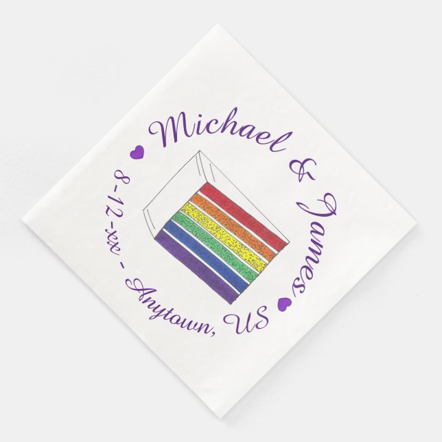 Rainbow Wedding Cake Slice Purple Heart LGBT Gay Napkin (Corner)