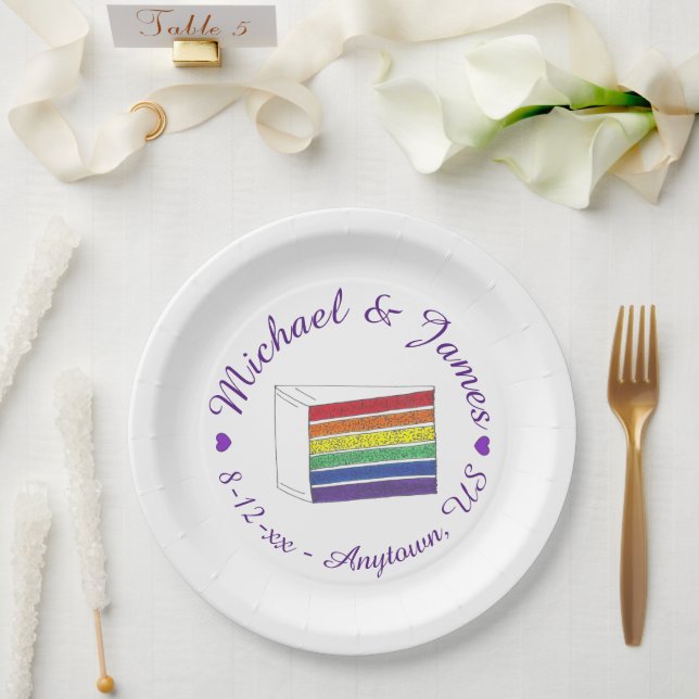 Rainbow Wedding Cake Slice Purple Heart LGBT Gay Paper Plate (Wedding)