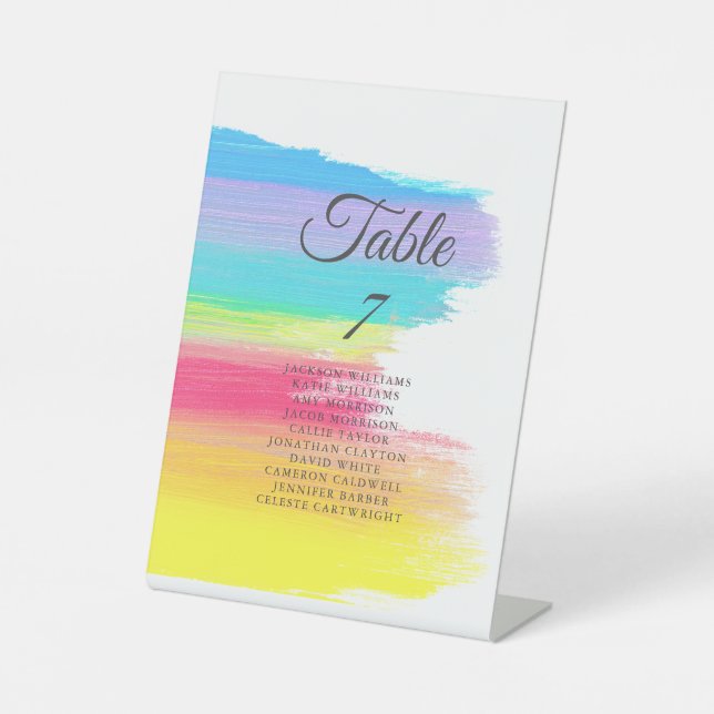 Rainbow Wedding Elegant Table Number with Names Pedestal Sign (Front)