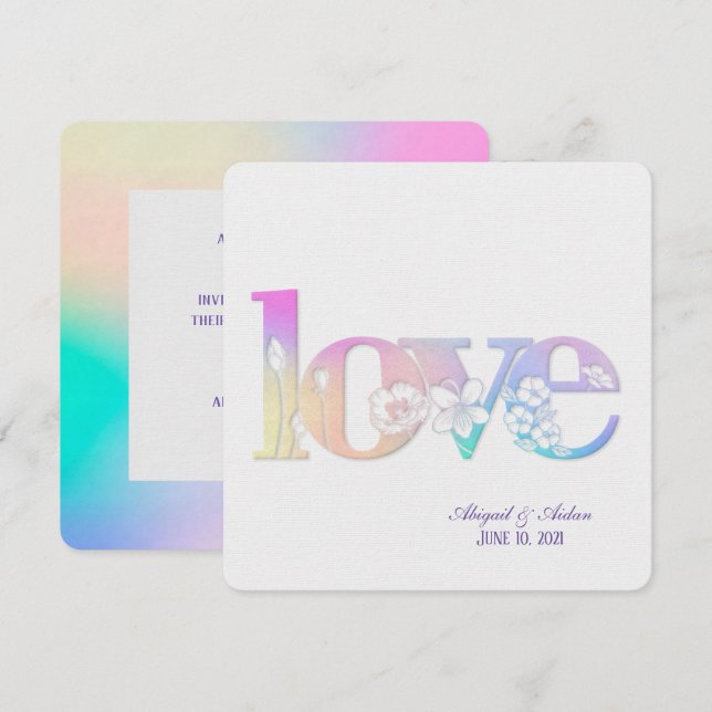 rainbow wedding floral love text on white invitation (Front/Back)
