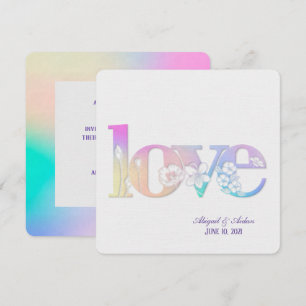 rainbow wedding floral love text on white invitation