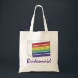 Rainbow Wedding Layer Cake Bridesmaid LGBT Pride Tote Bag<br><div class="desc">Canvas tote bag features an original marker illustration of a slice of rainbow wedding cake, with BRIDESMAID in a fun font. A perfect gift for your wedding party! This design is also available on other products. Don't see what you're looking for? Need help with customisation? Contact Rebecca to have something...</div>