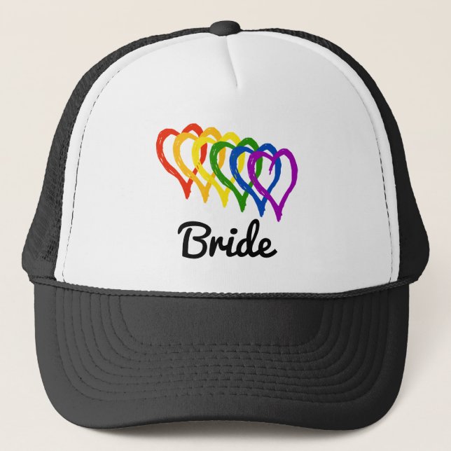 Rainbow Wedding Layered Hearts Bride Trucker Hat (Front)