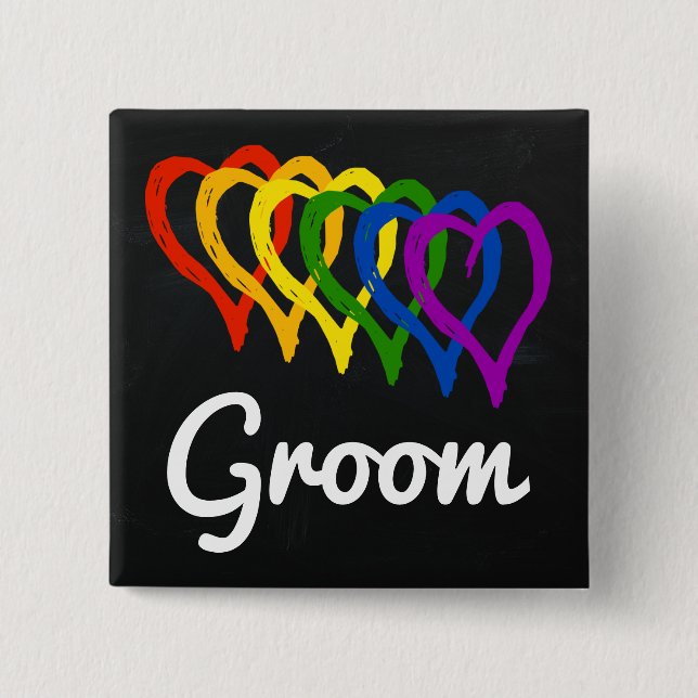 Rainbow Wedding Layered Hearts Groom 15 Cm Square Badge (Front)