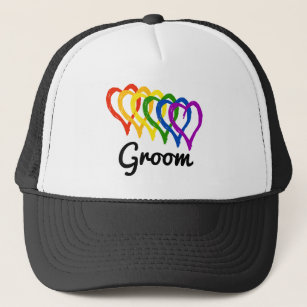 Rainbow Wedding Layered Hearts Groom Trucker Hat