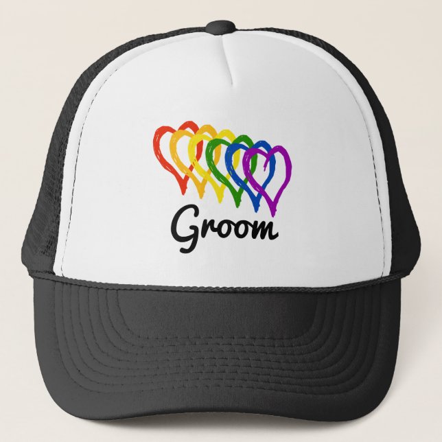 Rainbow Wedding Layered Hearts Groom Trucker Hat (Front)