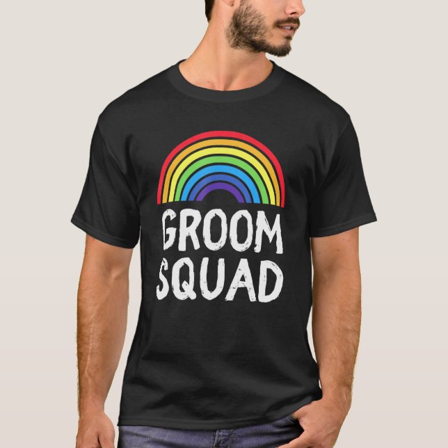 Rainbow Wedding LGBT Groom Squad Crew Gay Bachelor T-Shirt (Front)