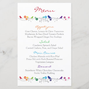 Rainbow Wedding Menu Birds Flowers