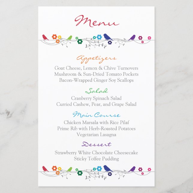 Rainbow Wedding Menu Birds Flowers (Front)