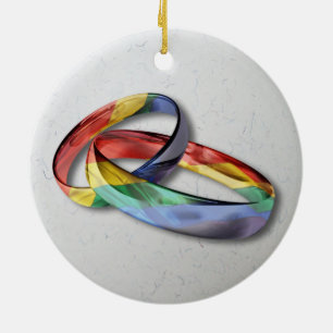 Rainbow Wedding Rings for Marriage Equality Ceramic Tree Decoration