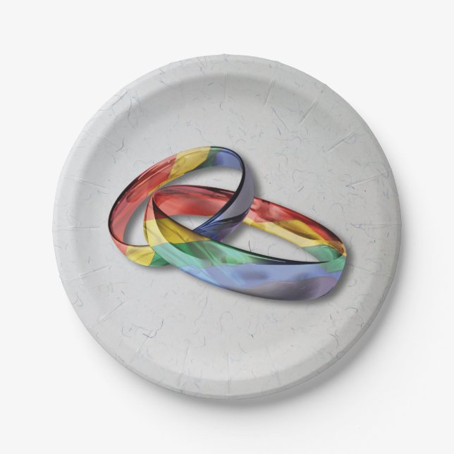 Rainbow Wedding Rings for Marriage Equality Paper Plate (Front)
