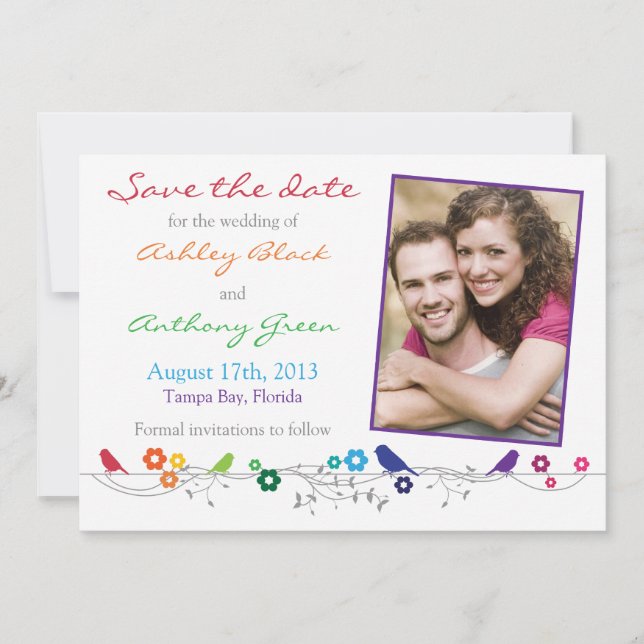 Rainbow Wedding Save the Date Birds Flowers (Front)