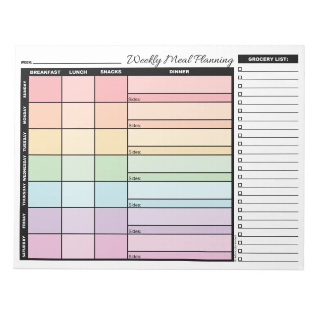 Rainbow Weekly Meal Planner with Grocery List Notepad (Front)