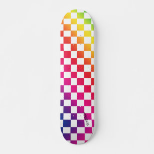 Rainbow & White Checkers & Name or Text Skateboard
