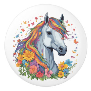 Rainbow White Horse Flowers Colourful Kid's Room Ceramic Knob