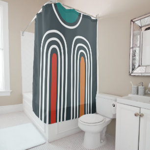 Rainbow white lines in blue artwork shower curtain
