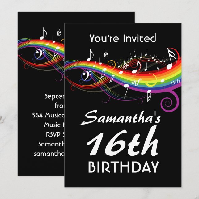 Rainbow White Music Notes 16th Birthday Party Invitation (Front/Back)