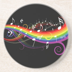 Rainbow White Music Notes on Black Coaster