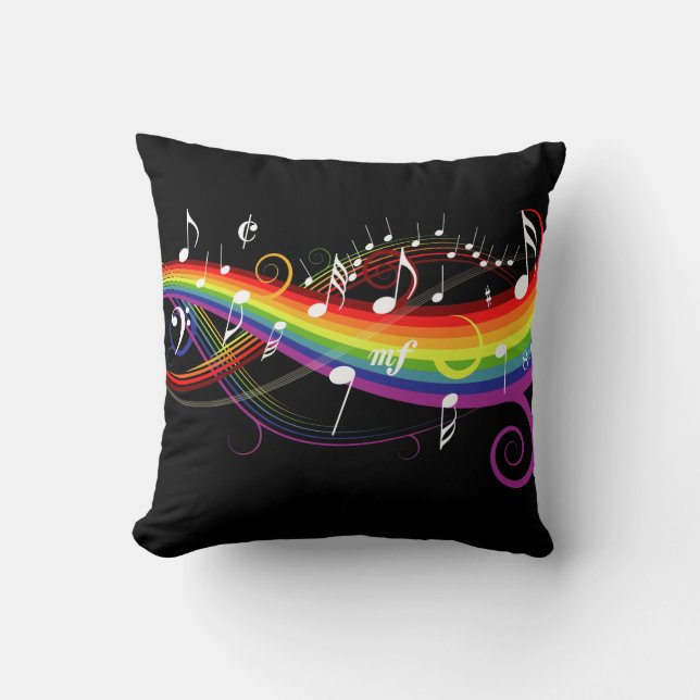 Rainbow White Music Notes on Black Cushion (Front)
