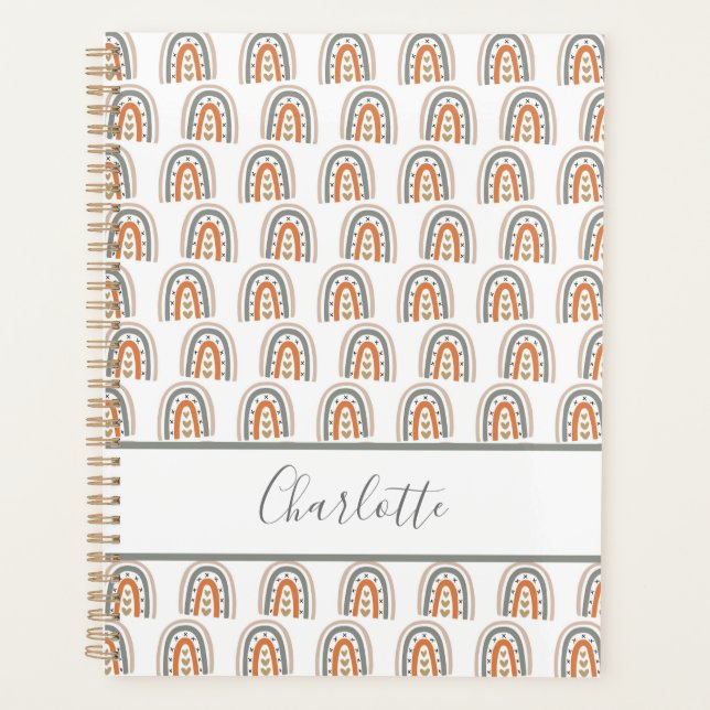 Rainbow  white rose gold grey monogram name 2025 planner (Front)
