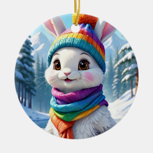 Rainbow White Winter Rabbit Ceramic Tree Decoration (Front)