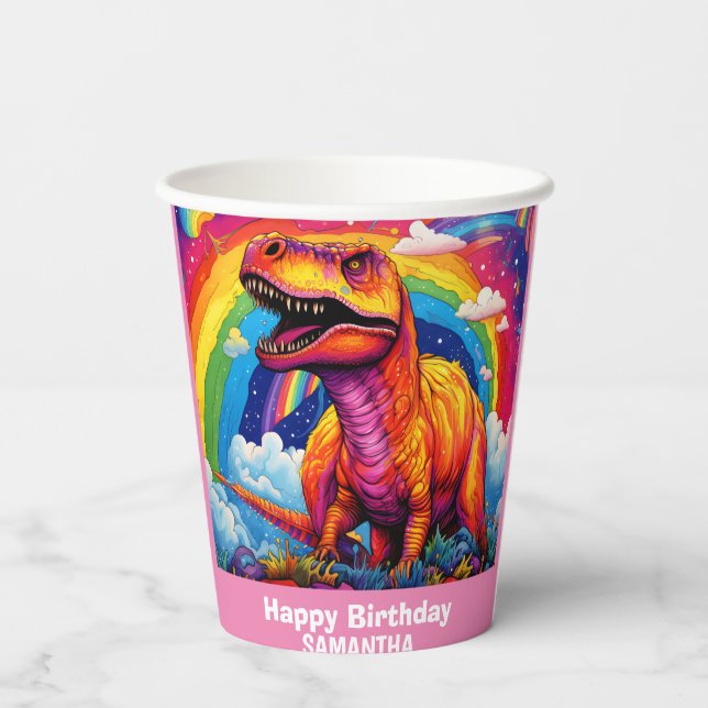 Rainbow Wild One birthday T Rex Dinosaur Pink Paper Cups (Back)