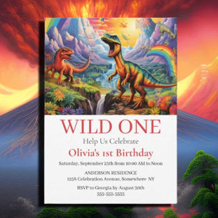 Rainbow Wild One dinosaurs birthday theme Invitation