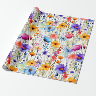 Rainbow Wildflower Meadow Floral Watercolor  Wrapping Paper