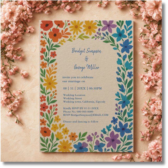 Rainbow Wildflower Rustic Floral Wedding Invitation (Creator Uploaded)