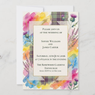 Rainbow Wildflower Tartan Wedding Invitation