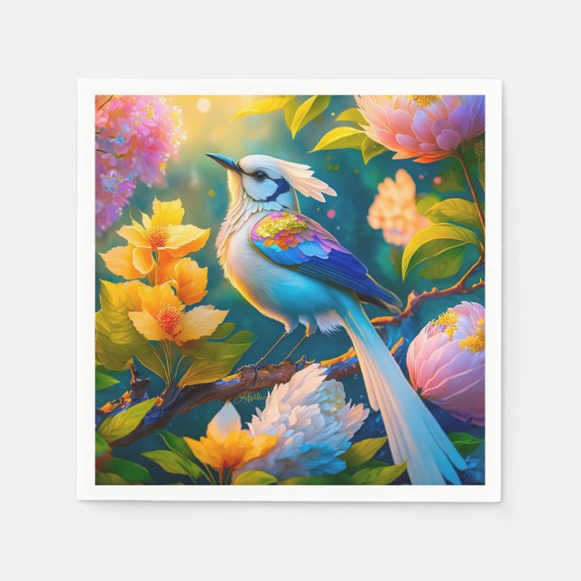 Rainbow Winged Jay Fantasy Bird Napkin (Front)