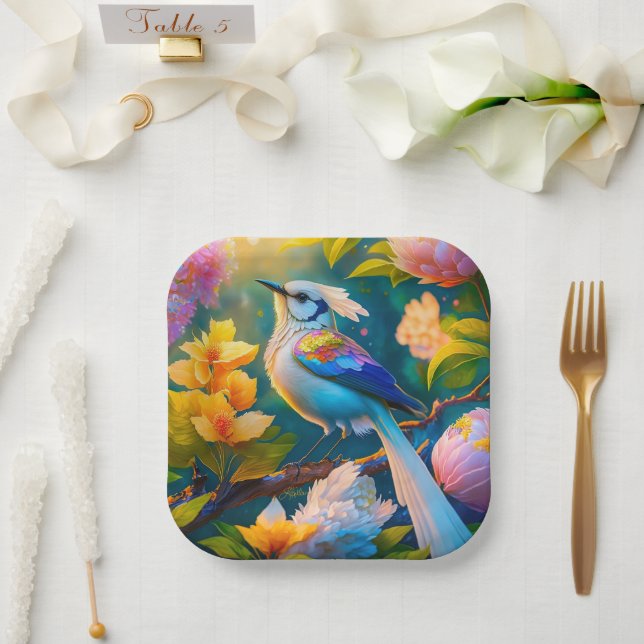 Rainbow Winged Jay Fantasy Bird Paper Plate (Wedding)