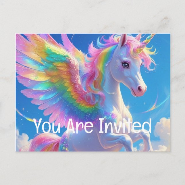 Rainbow Winged Prancing Unicorn  Invitation Postcard (Front)