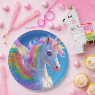 Rainbow Winged Prancing Unicorn Paper Plate