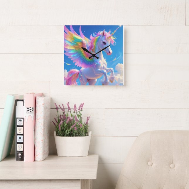 Rainbow Winged Prancing Unicorn Square Wall Clock (Reading Room)