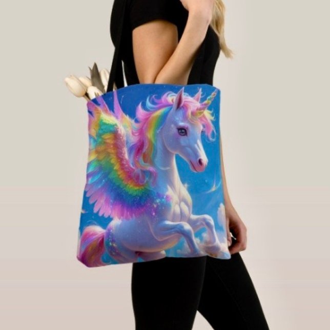 Rainbow Winged Prancing Unicorn Tote Bag (Tote Bag — 100% polyester, black laminated lining 100% cotton web hand. Made in the USA.
)