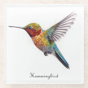 Rainbow Wings: Vibrant Hummingbird Art, custom Glass Coaster