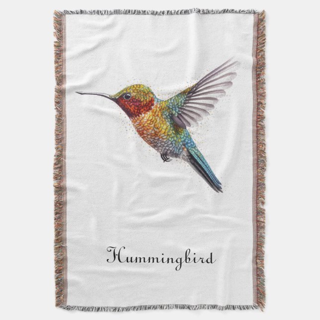 Rainbow Wings: Vibrant Hummingbird Art, custom  Throw Blanket (Front Vertical)