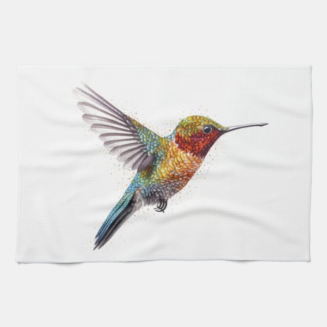 Rainbow Wings: Vibrant Hummingbird Art Tea Towel (Horizontal)