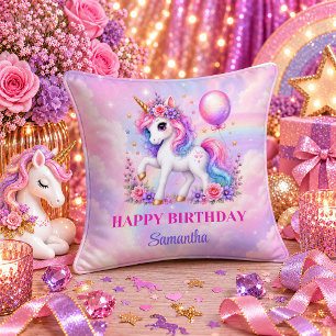 Rainbow Wishes Unicorn Birthday Girl Decor Pillow